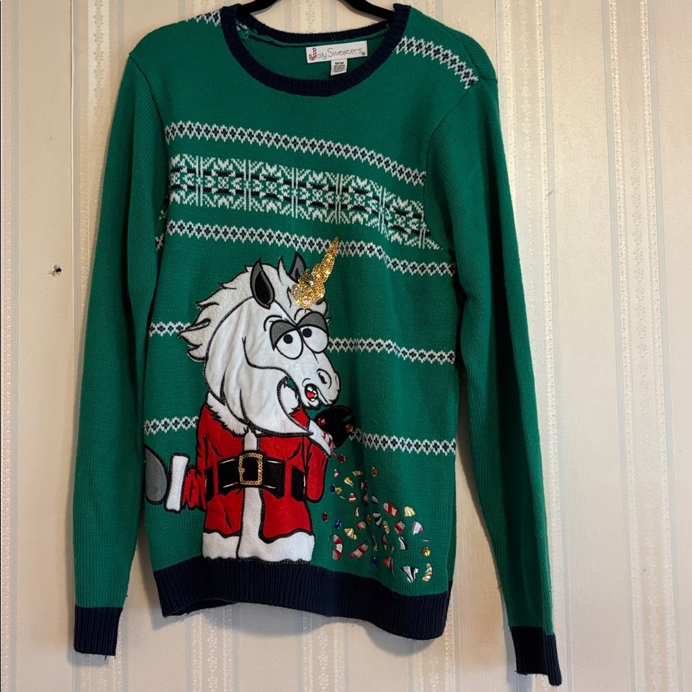 Jolly Sweaters Ugly Christmas Sweater Medium Green Unicorn Santa Suit